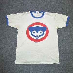 Majestic Chicago Cubs Ringer T Shirt Mens L White Blue Logo Baseball MLB Fan